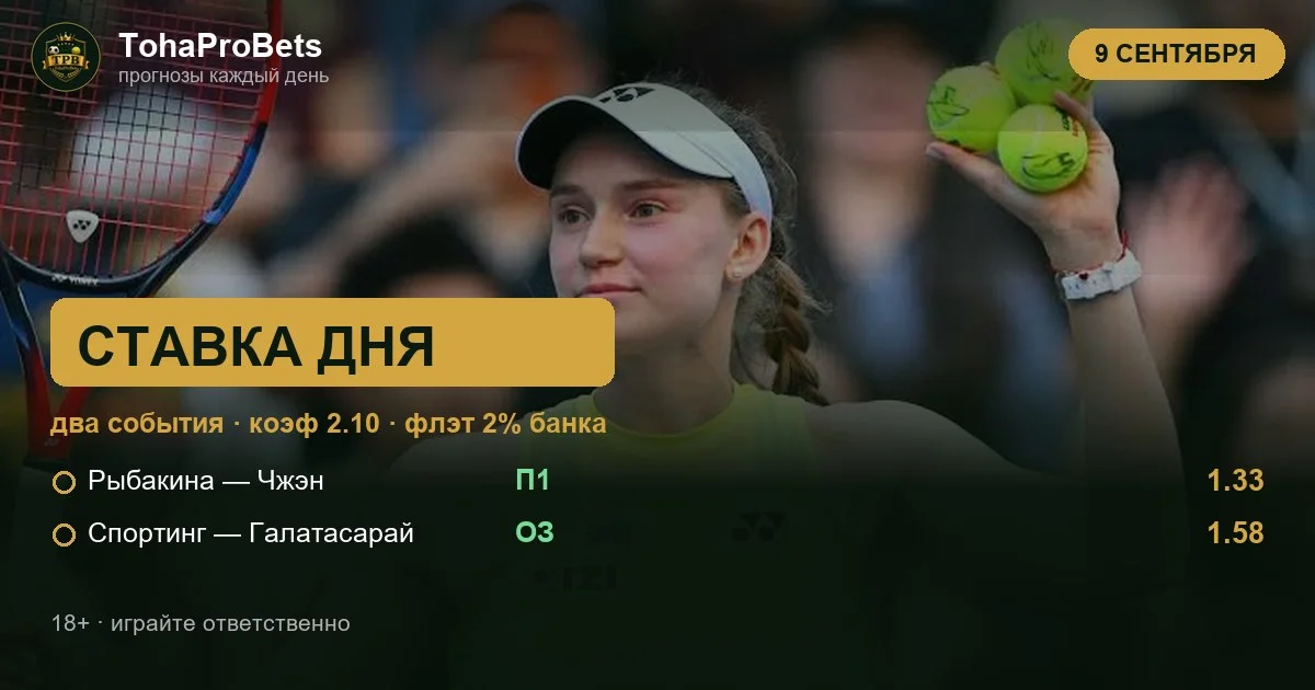 Ставка дня 9 сентября — два события за 2.10: победа Елены Рыбакиной над Цинвэнь Чжэн в четвертьфинале US Open и обе забьют в матче Спортинг — Галатасарай в Лиге чемпионов