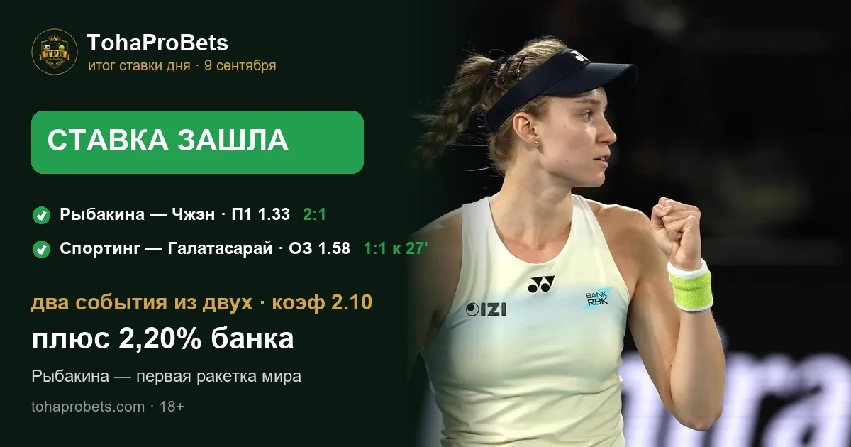 Итог ставки дня 9 сентября — ставка за 2.10 зашла: Рыбакина обыграла Чжэн 1:2 по сетам в четвертьфинале US Open, Спортинг обыграл Галатасарай 3:1 и обе команды забили