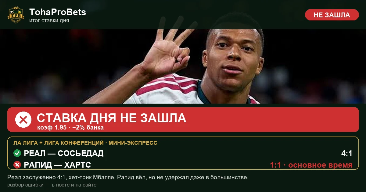 Итог ставки дня за 26 августа — Реал обыграл Сосьедад 4:1, Рапид не удержал победу над Хартсом, мини-экспресс не зашёл